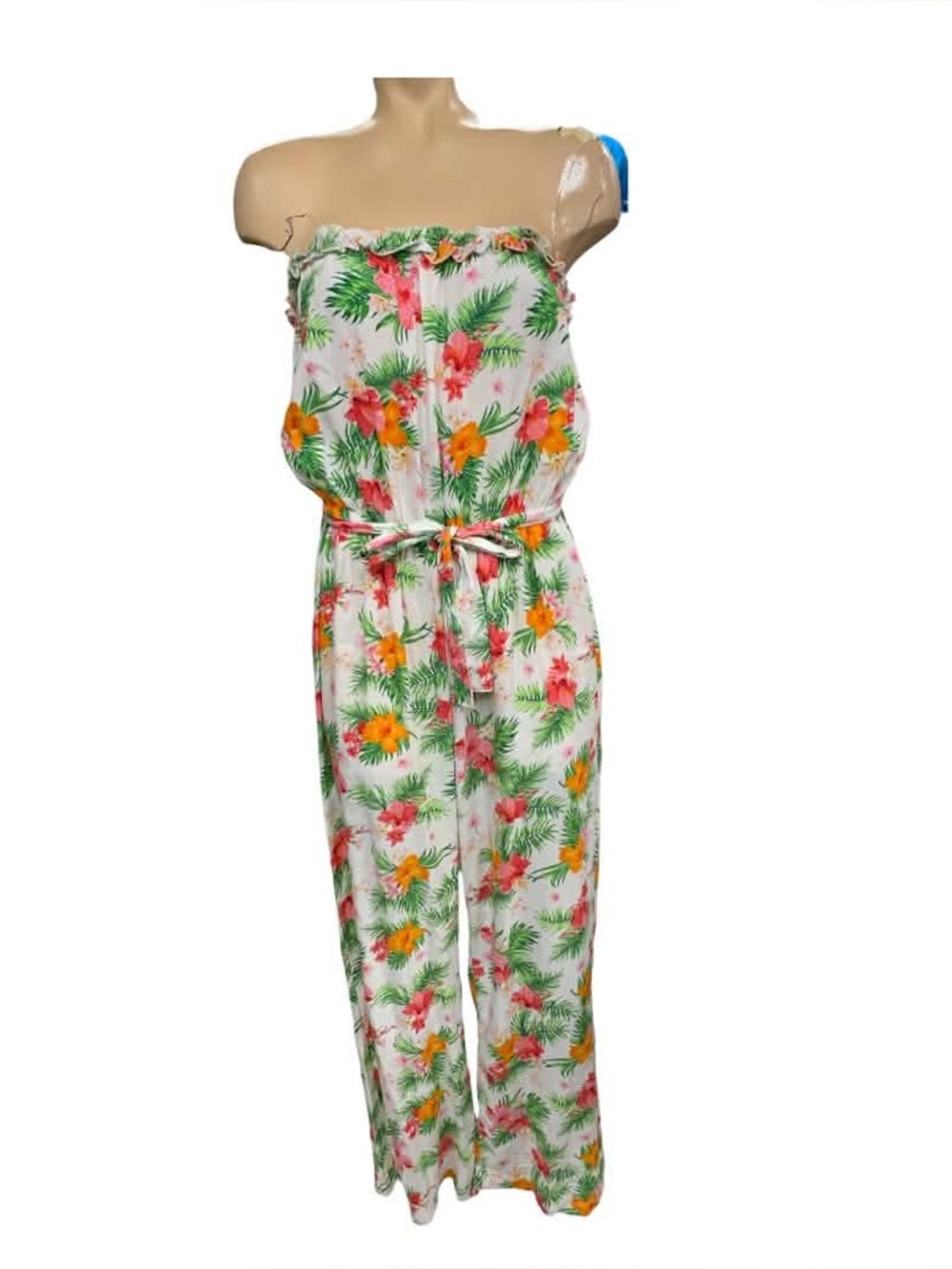 Love By Chelsey Tropical Floral Strapless Jumpsuit White with Green Pink Print